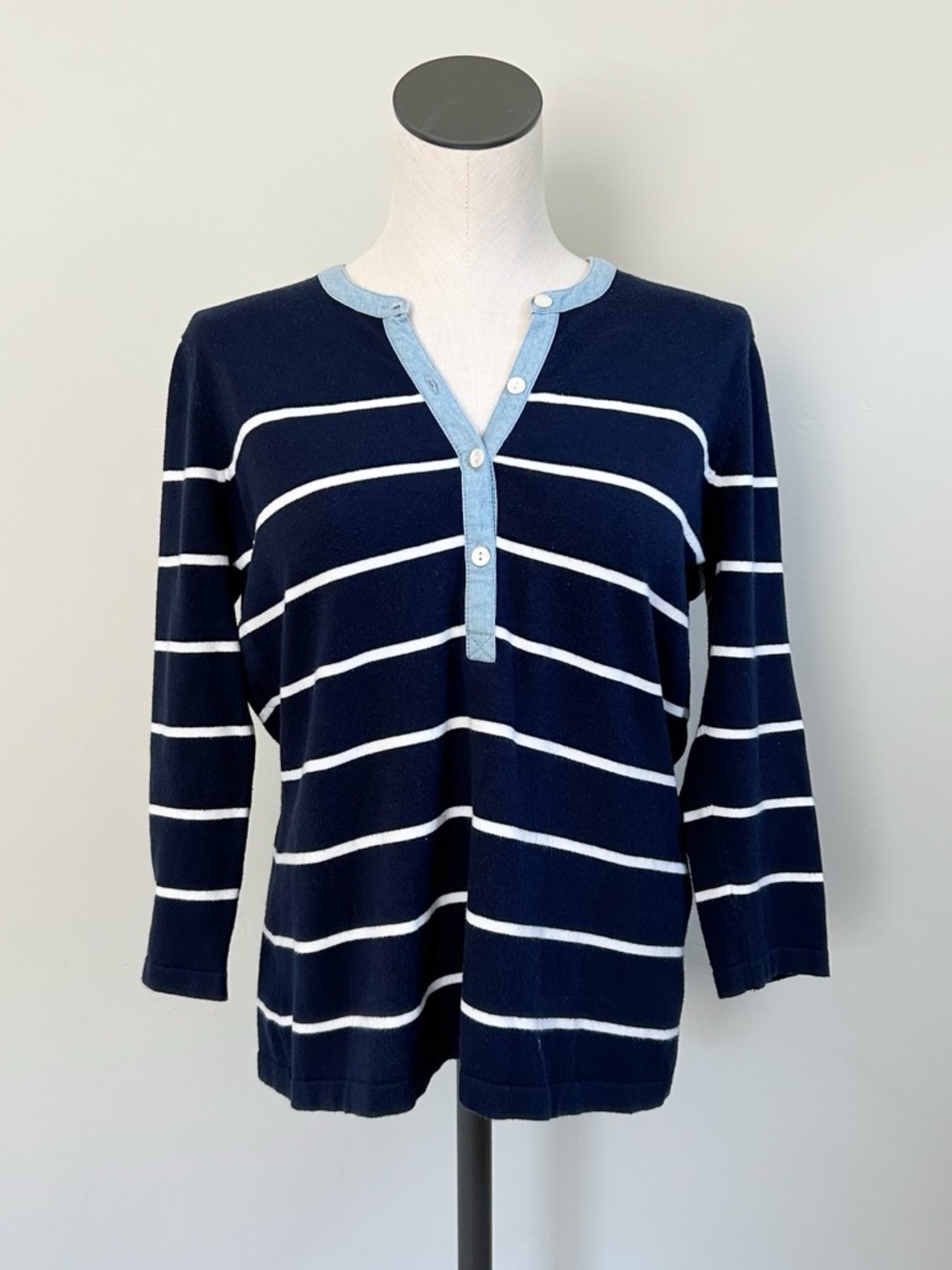 J McLaughlin Striped Sweater with Chambray Denim Trim Button Up Blue Size L
